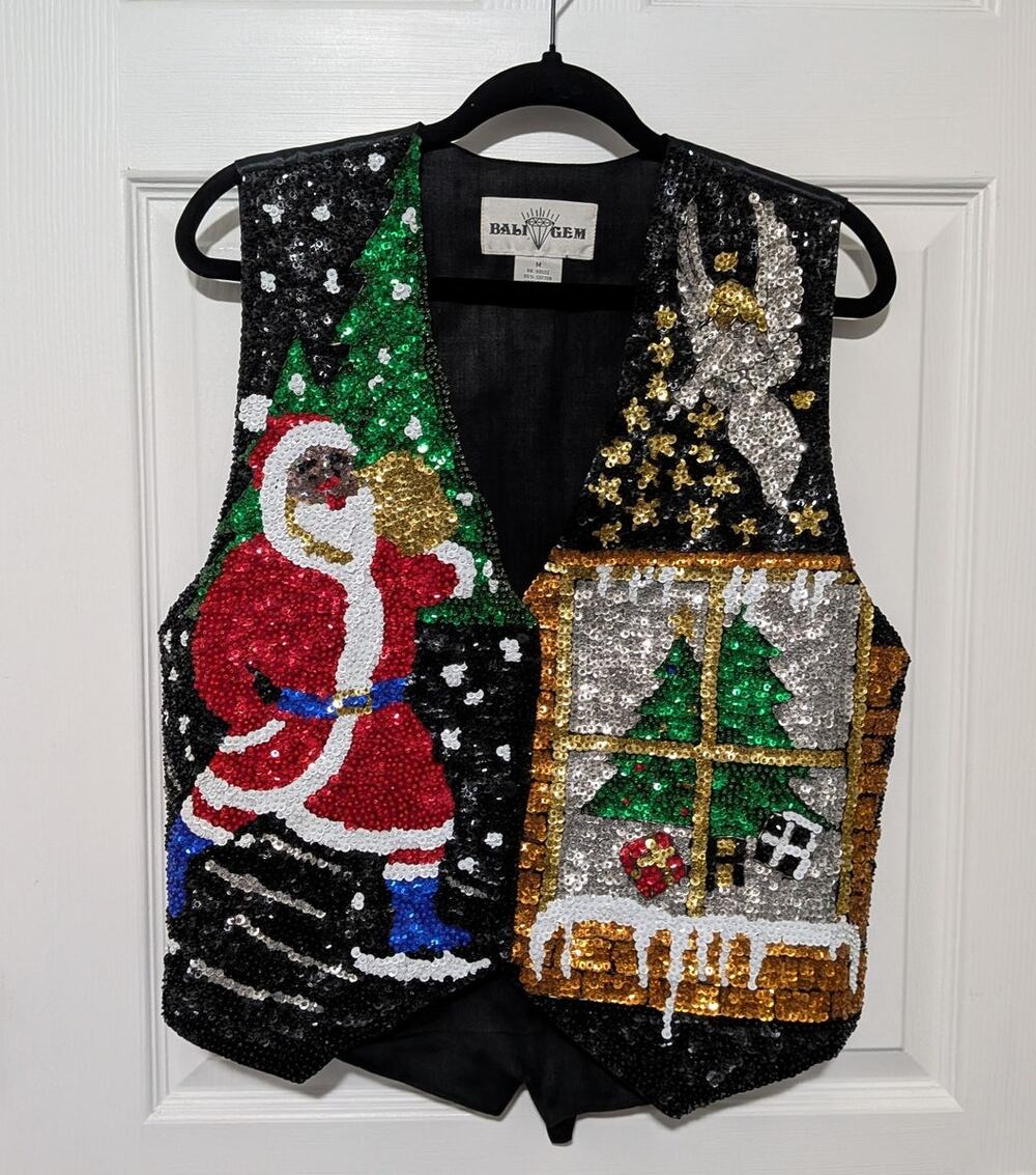 VTG 90s Bali Gem Sequin Beaded Christmas Vest Medium Black Santa Angel Ugly Xmas